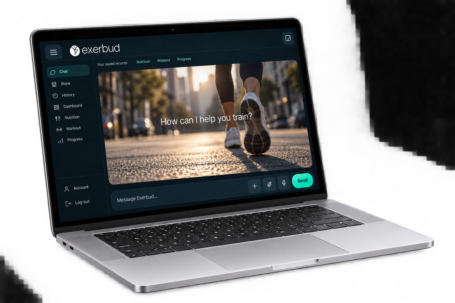 Angled laptop displaying the Exerbud home screen with its running hero image