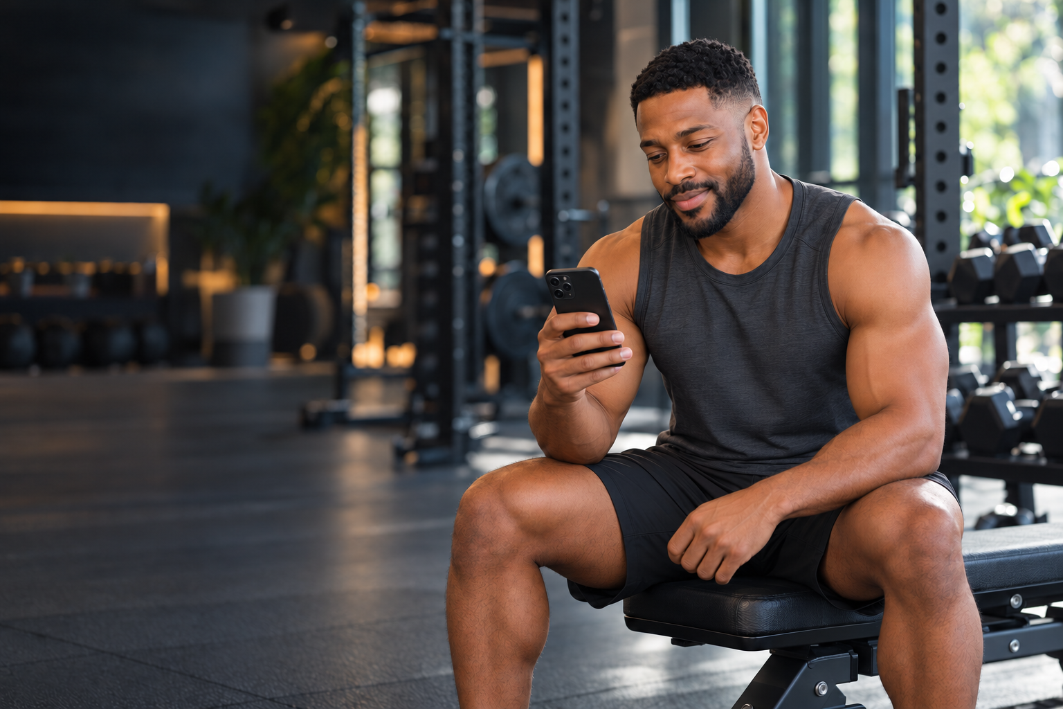 Fictional athletic man checking his phone during a break at the gym